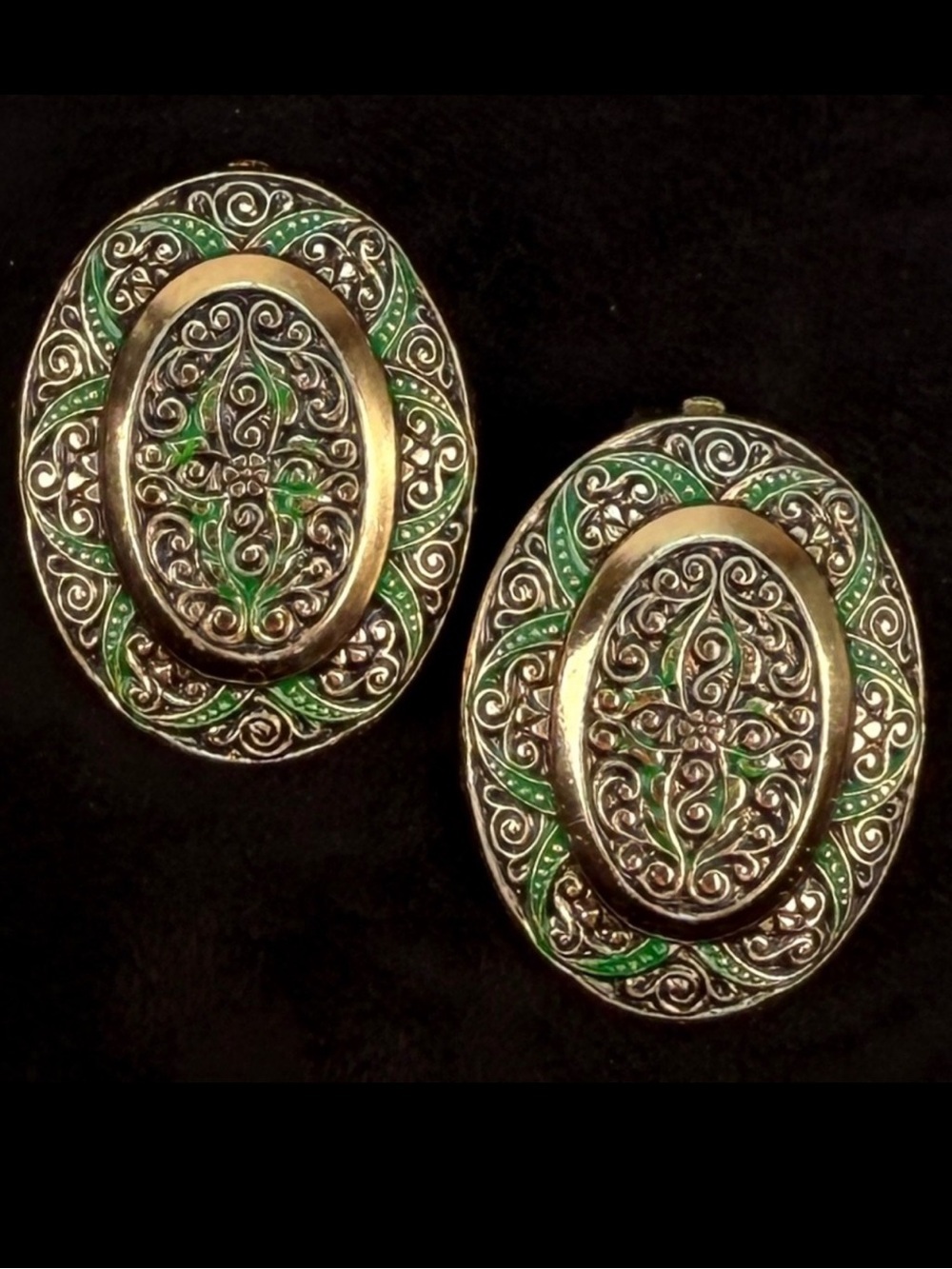 Vintage W. Germany goldtone and green etched clip on earrings